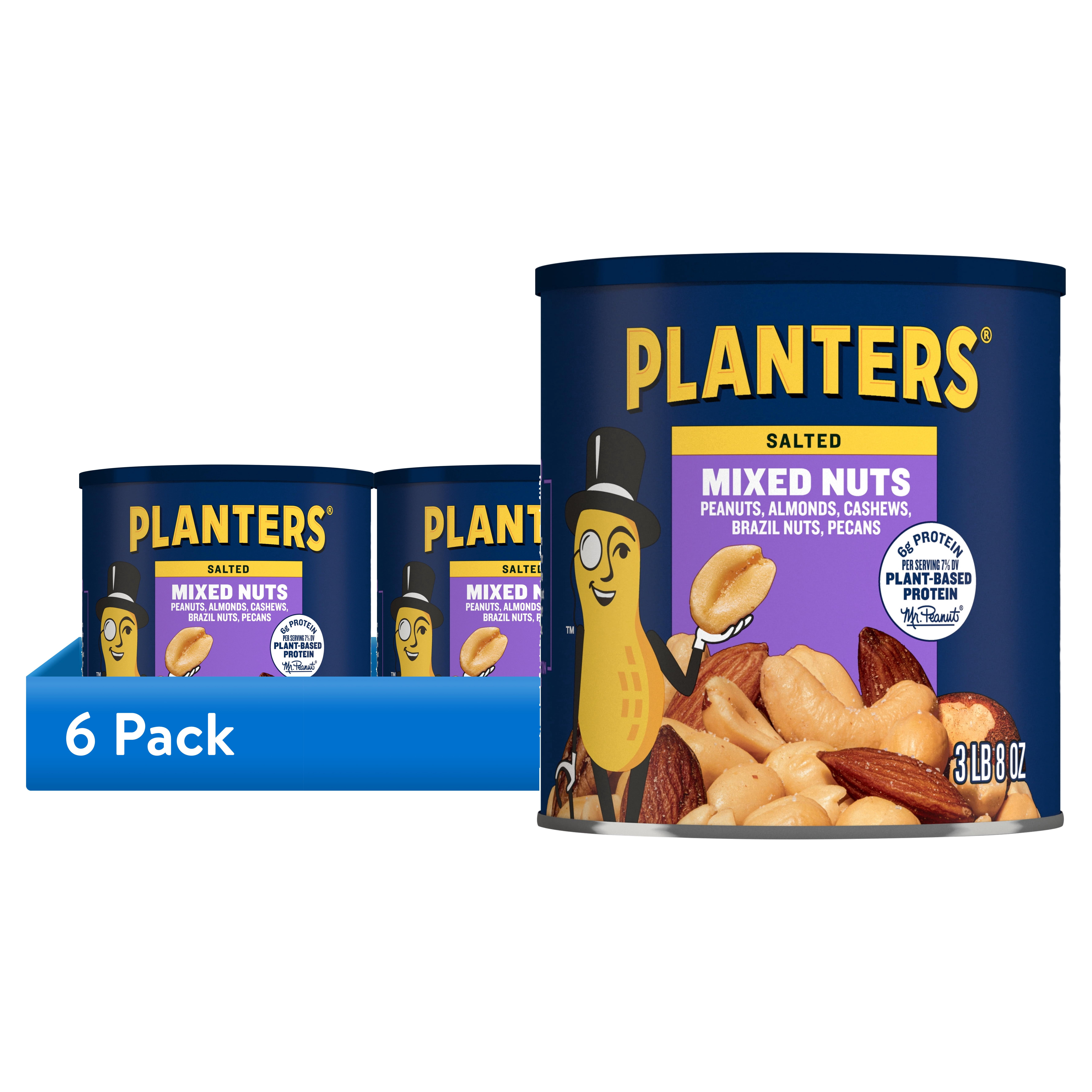 (6 pack) PLANTERS Salted Mixed Nuts, 6g (7% DV) Plant-Based Protein, 56 oz Can