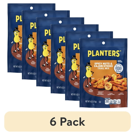 (6 pack) PLANTERS Spicy Nuts and Cajun Sticks Trail Mix with Spicy Peanuts, Plant-Based Protein, 6 oz Plastic Resealable Bag