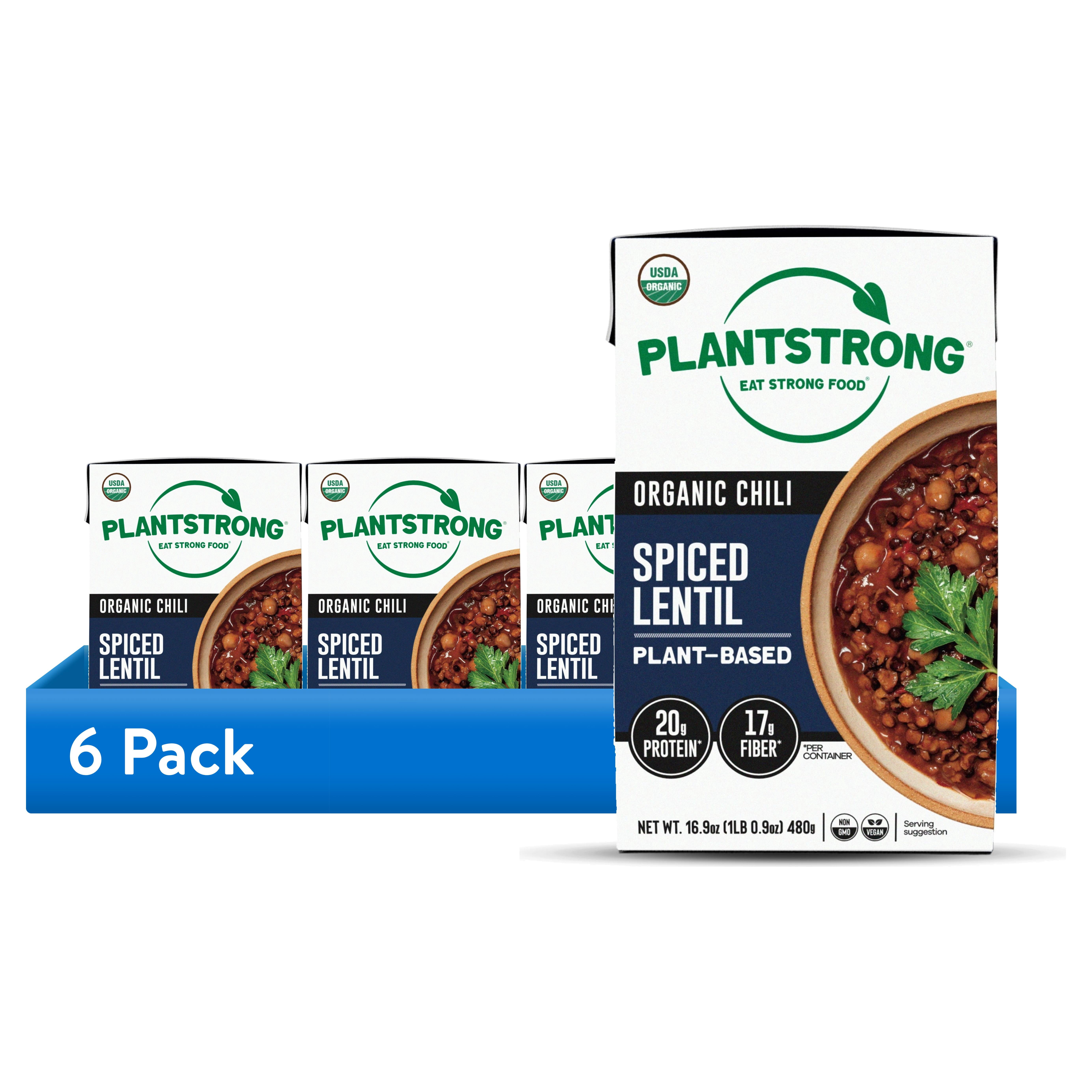 (6 pack) PLANTSTRONG Spiced Lentil Chili - Shelf-Stable, Ready-To-Eat, Protein Packed and a Good Source of Fiber