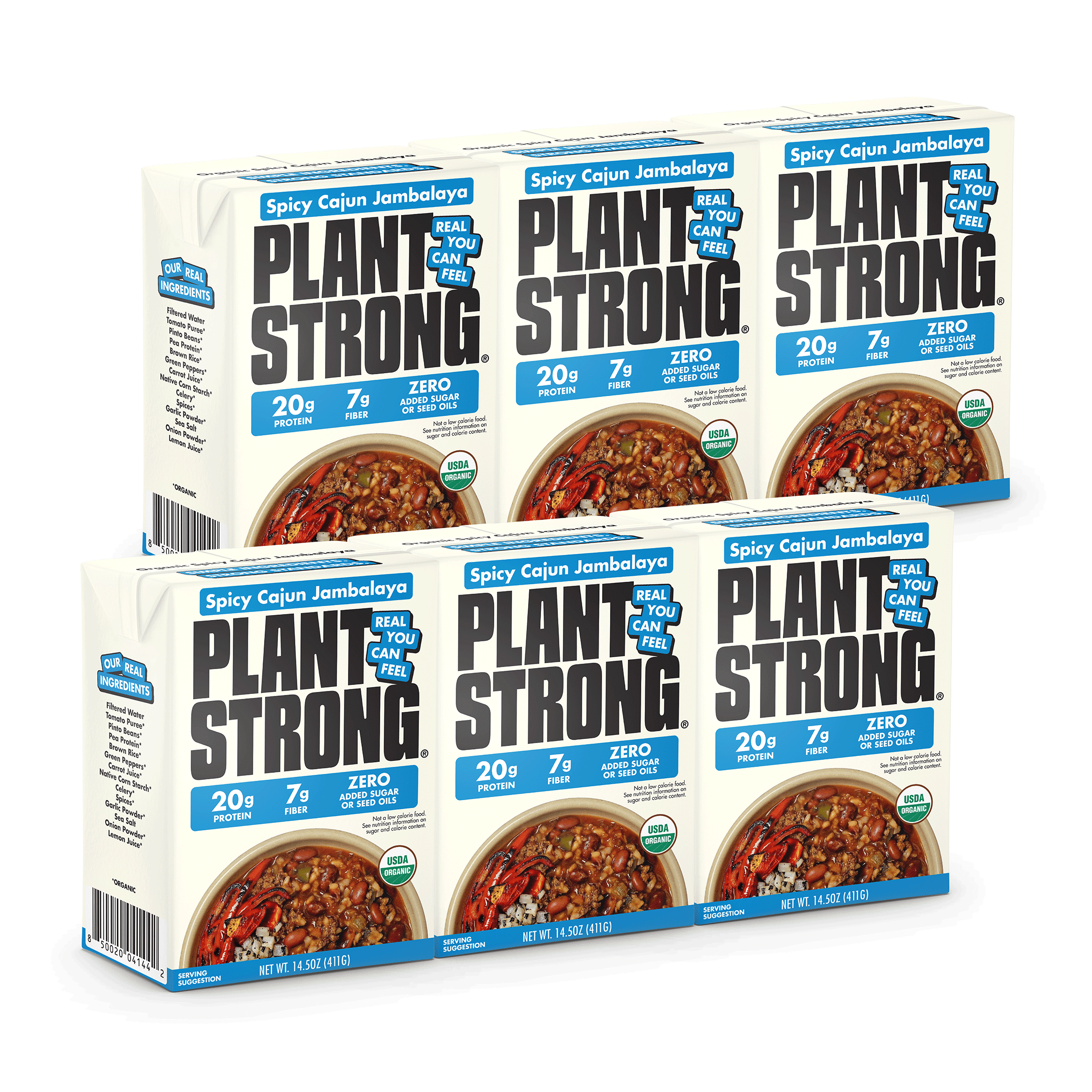 (6 pack) Plant Strong Spicy Cajun Jambalaya Stew - Heat and Eat, 20g of Protein, 7g of Fiber, Shelf-Stable