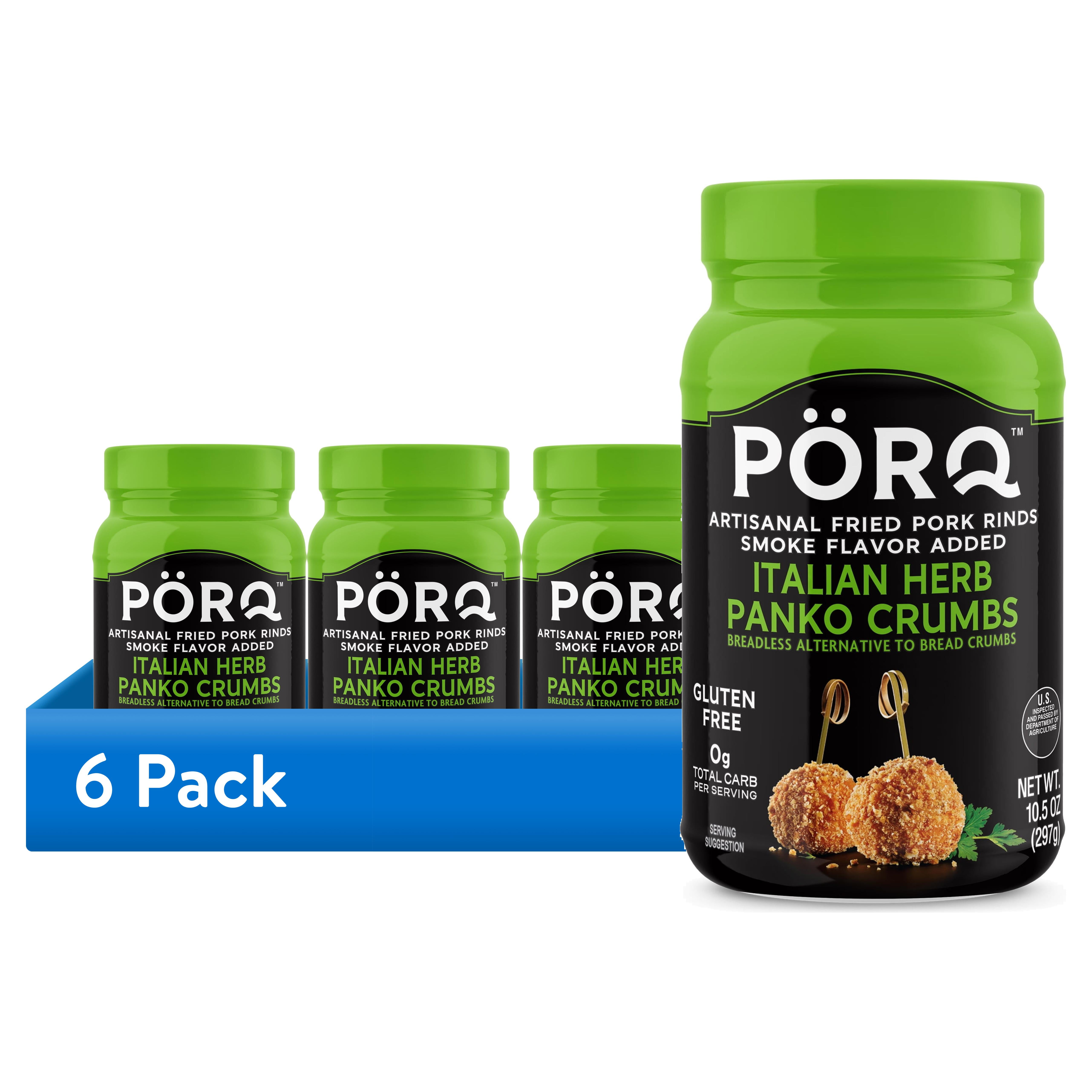 (6 pack) PORQ Italian Herb Pork Rind Panko Crumbs, Gluten Free, 10.5 oz Canister, 21 Servings