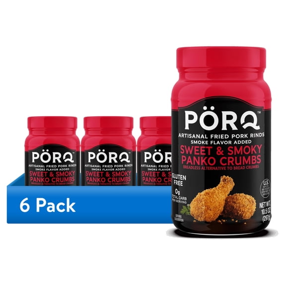 (6 pack) PORQ Sweet & Smoky Pork Rind Panko Crumbs, Gluten Free, Keto Friendly, 10.5 oz Canister, 21 Servings