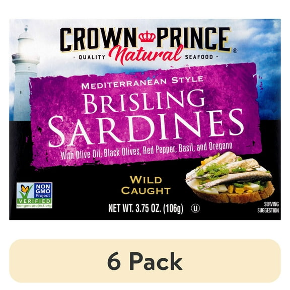 (6 pack) Crown Prince Natural Brisling Sardines, Mediterranean Style, 3.75 oz Can