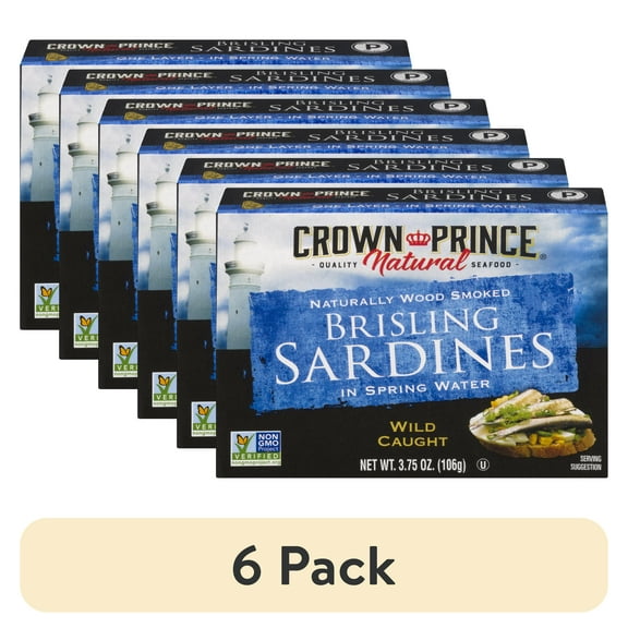 (6 pack) Crown Prince Natural Brisling Sardines in Spring Water, 3.75 oz Can