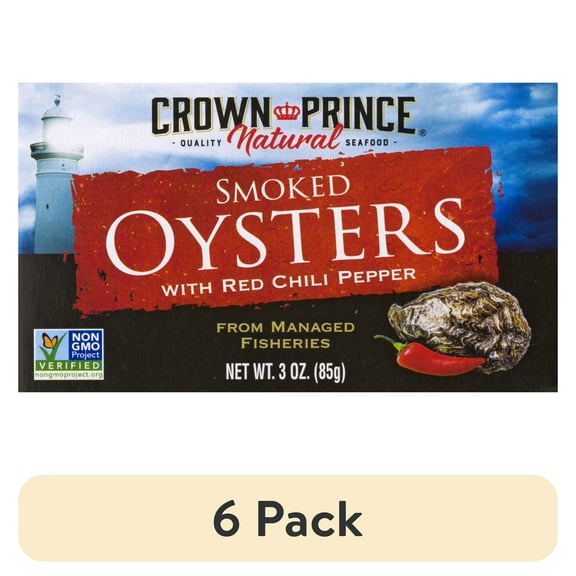 (6 pack) Crown Prince Natural Smoked Oysters with Red Chili Pepper, 3 oz Can