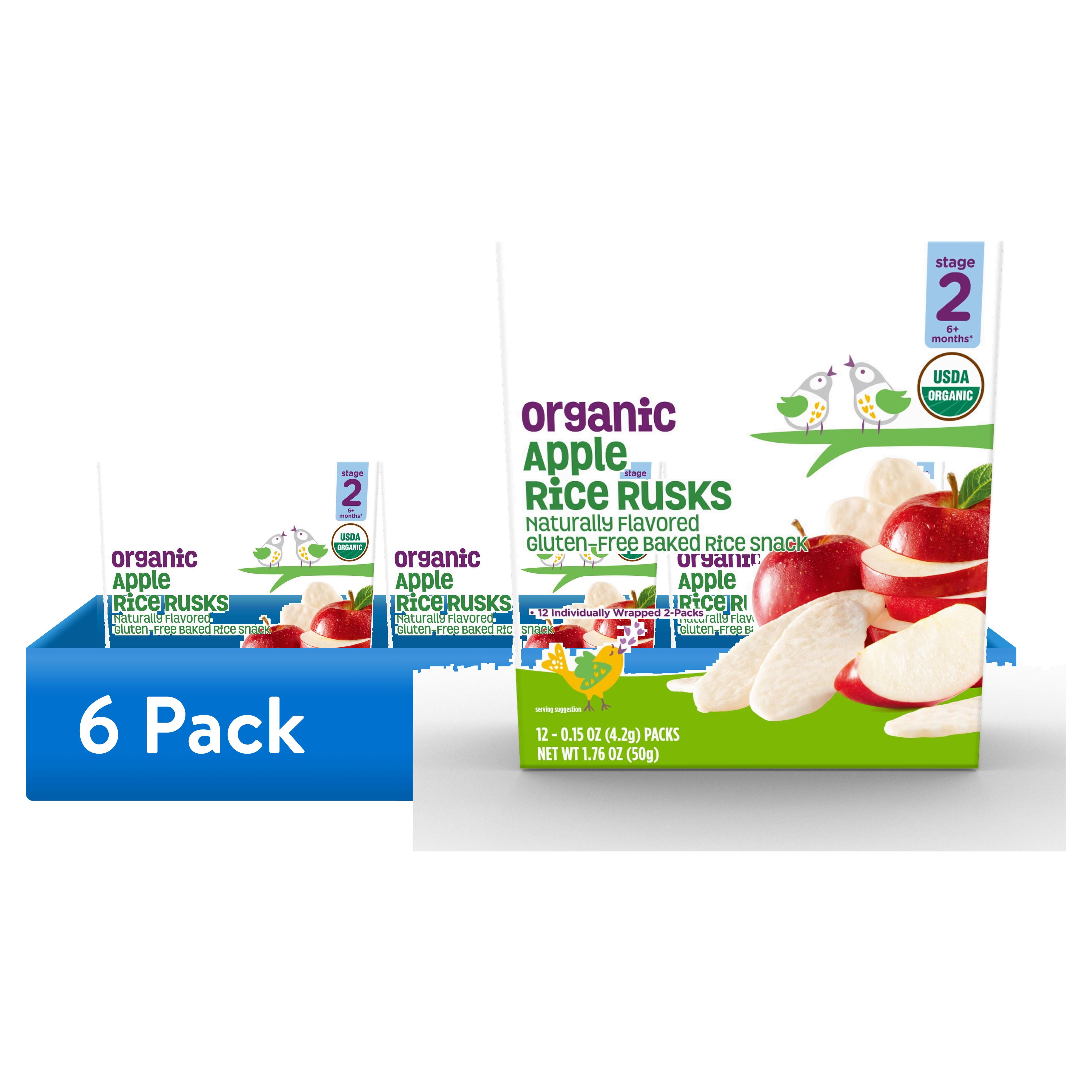 (6 pack) Parent's Choice Organic Stage 2 Apple Rice Rusks Baby Snack, 6+ Months, 0.15 oz, 12 Pack