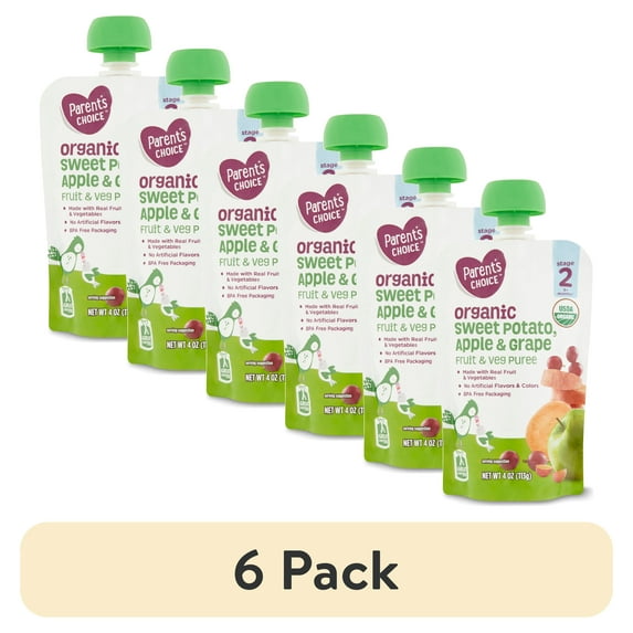 (6 pack) Parent's Choice Organic Sweet Potato, Apple & Grape Fruit & Veg Puree, Stage 2, 4 oz