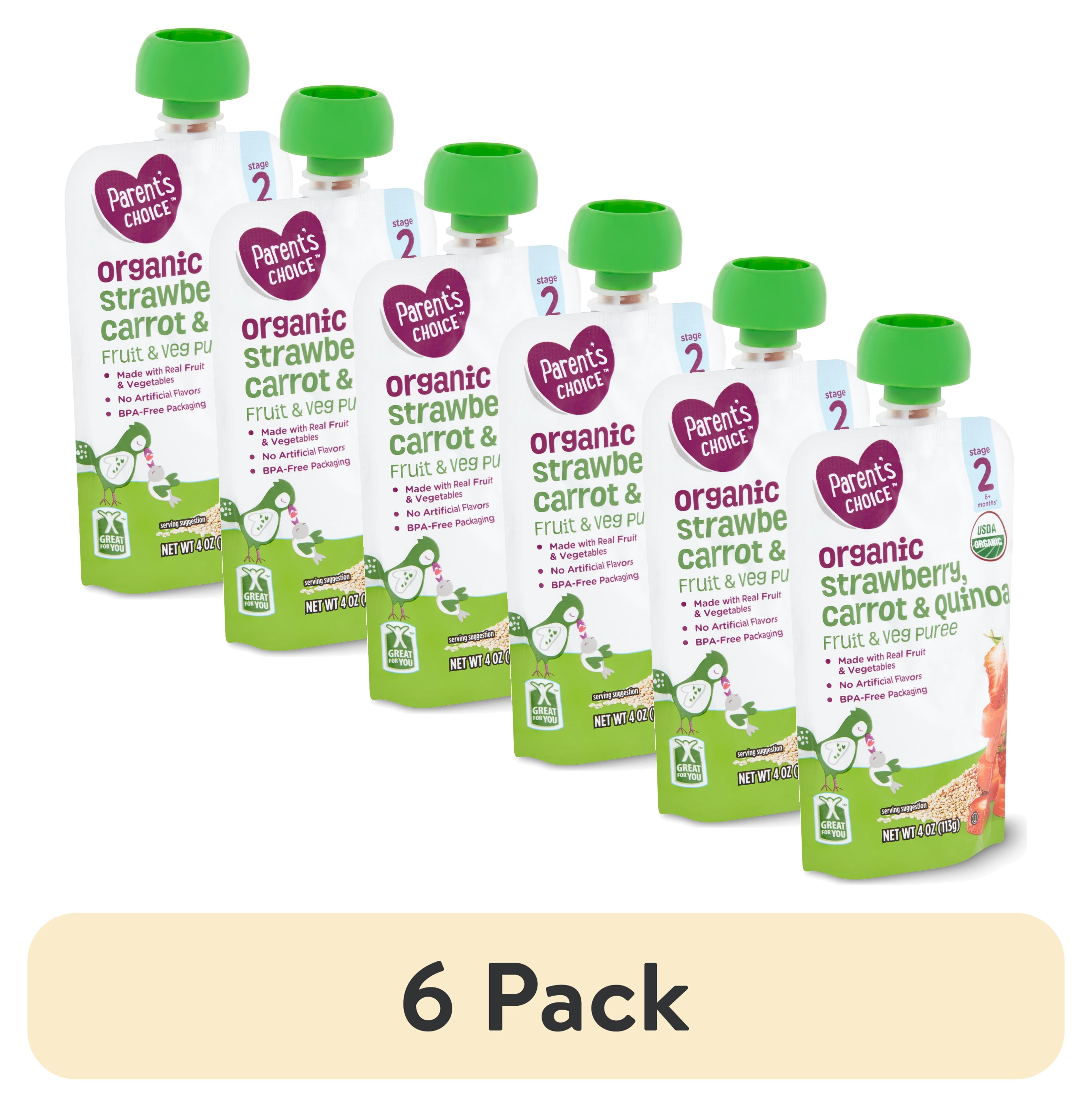 (6 pack) Parent's Choice Organic Strawberry, Carrot & Quinoa Fruit & Veg Puree, Stage 2, 4 oz