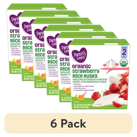 (6 pack) Parent's Choice Organic Strawberry Rice Rusks Baby Snacks, 0.15 oz, 12 Pack