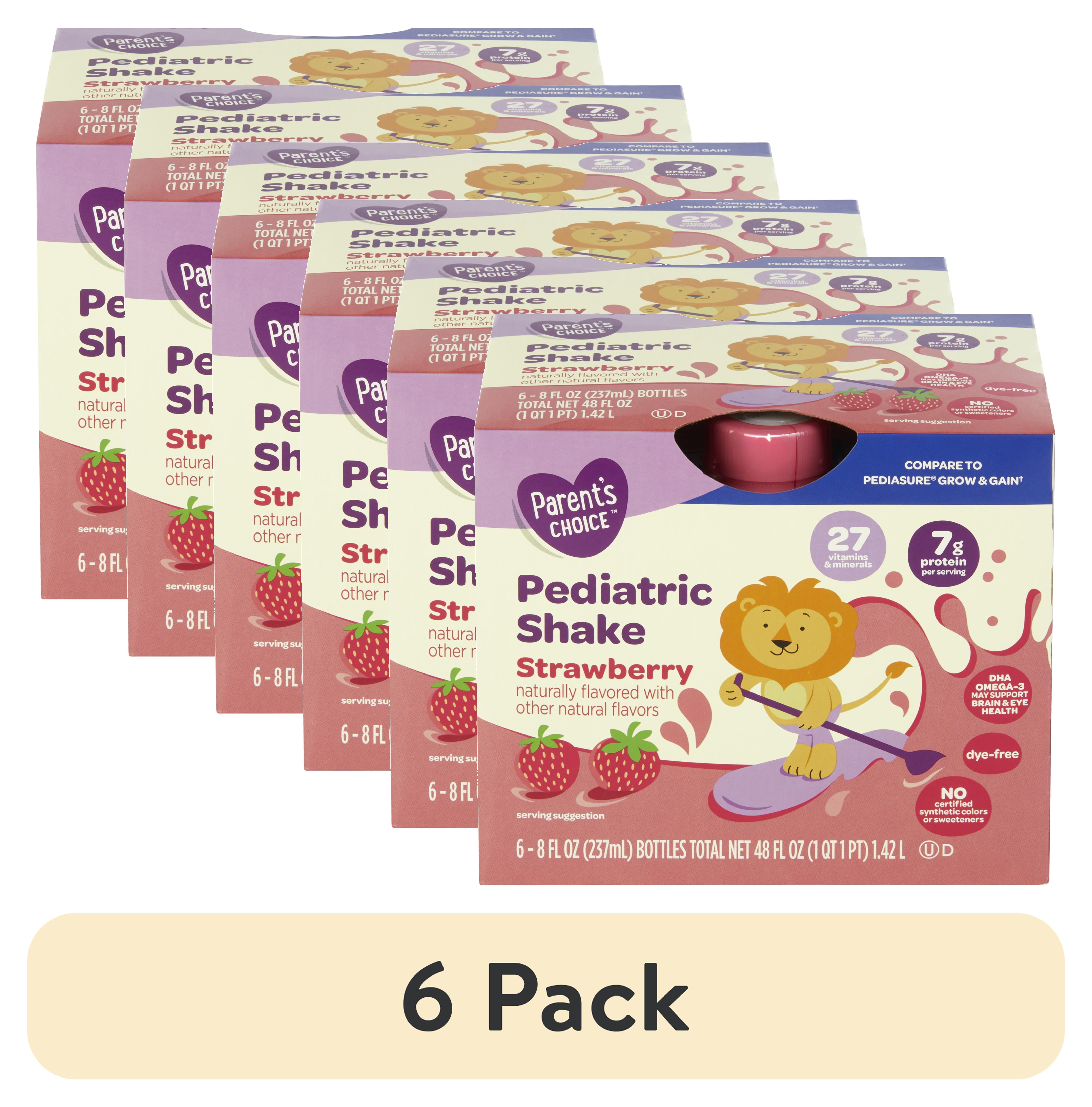 (6 pack) Parent's Choice Pediatric Nutritional Shake, Strawberry, 8 fl oz Bottles, 6 Count