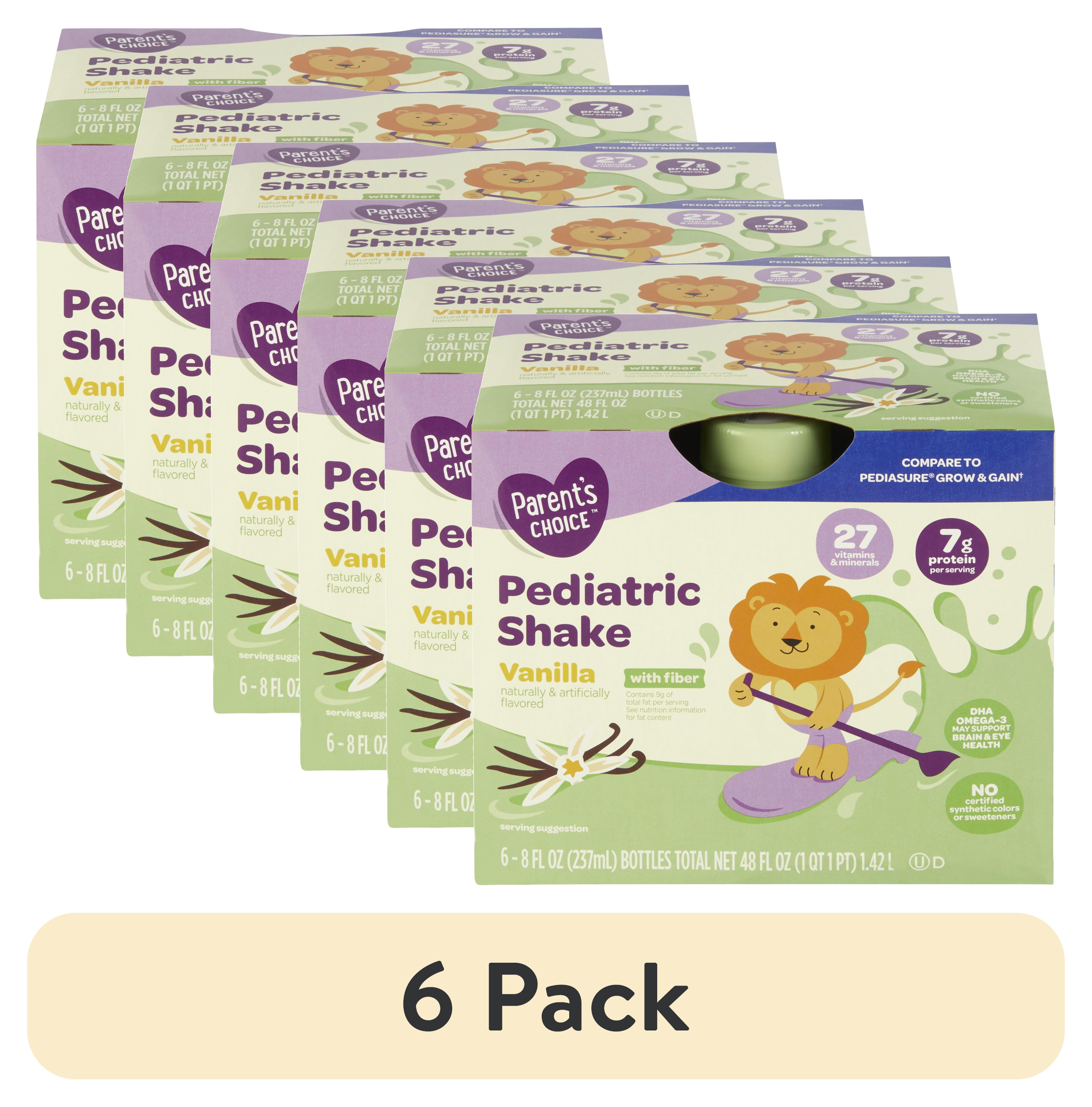 (6 pack) Parent's Choice Pediatric Shake, Vanilla with Fiber, 8 fl oz Bottle, 6 Shakes