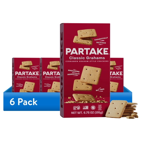 (6 pack) Partake Classic Graham Crackers, Vegan & Gluten-Free, Shelf-Stable, Crunchy, Baked, 6.75 oz