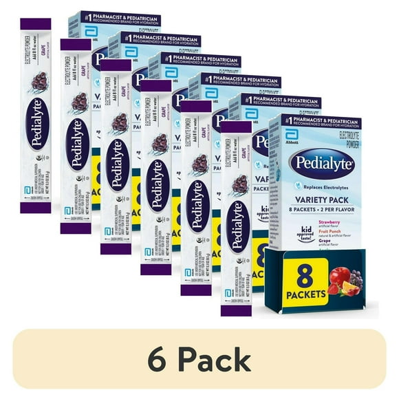 (6 pack) Pedialyte Electrolyte Powder, Variety Pack: Grape, Strawberry, Fruit Punch, and Apple, 8 Powder Packets
