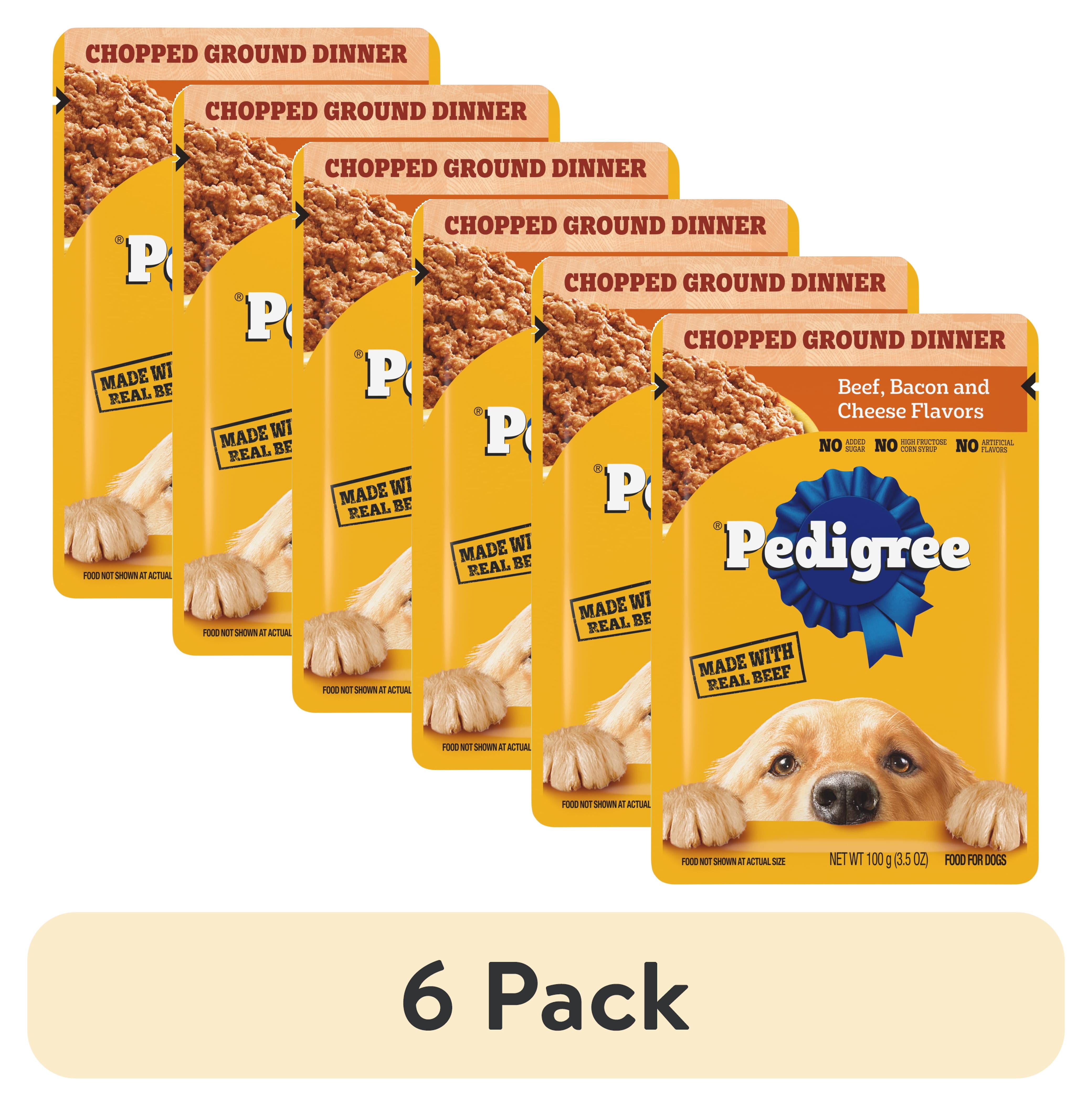 (6 pack) Pedigree Chopped Ground Dinner Beef, Bacon & Cheese Flavors Adult Soft Wet Dog Food, 3.5 Oz Pouches