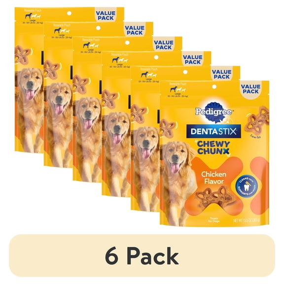 (6 pack) Pedigree Dentastix Chewy Chunx Large Dog Dental Treats Chicken Flavor, 13.5 Oz. Bag