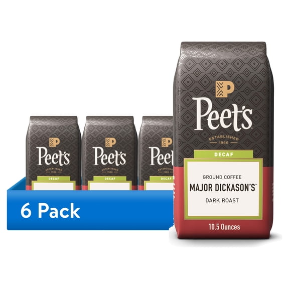 (6 pack) Peet's Coffee Decaf Major Dickason's Blend Premium Dark Roast Ground Coffee, Arabica, 10.5 oz