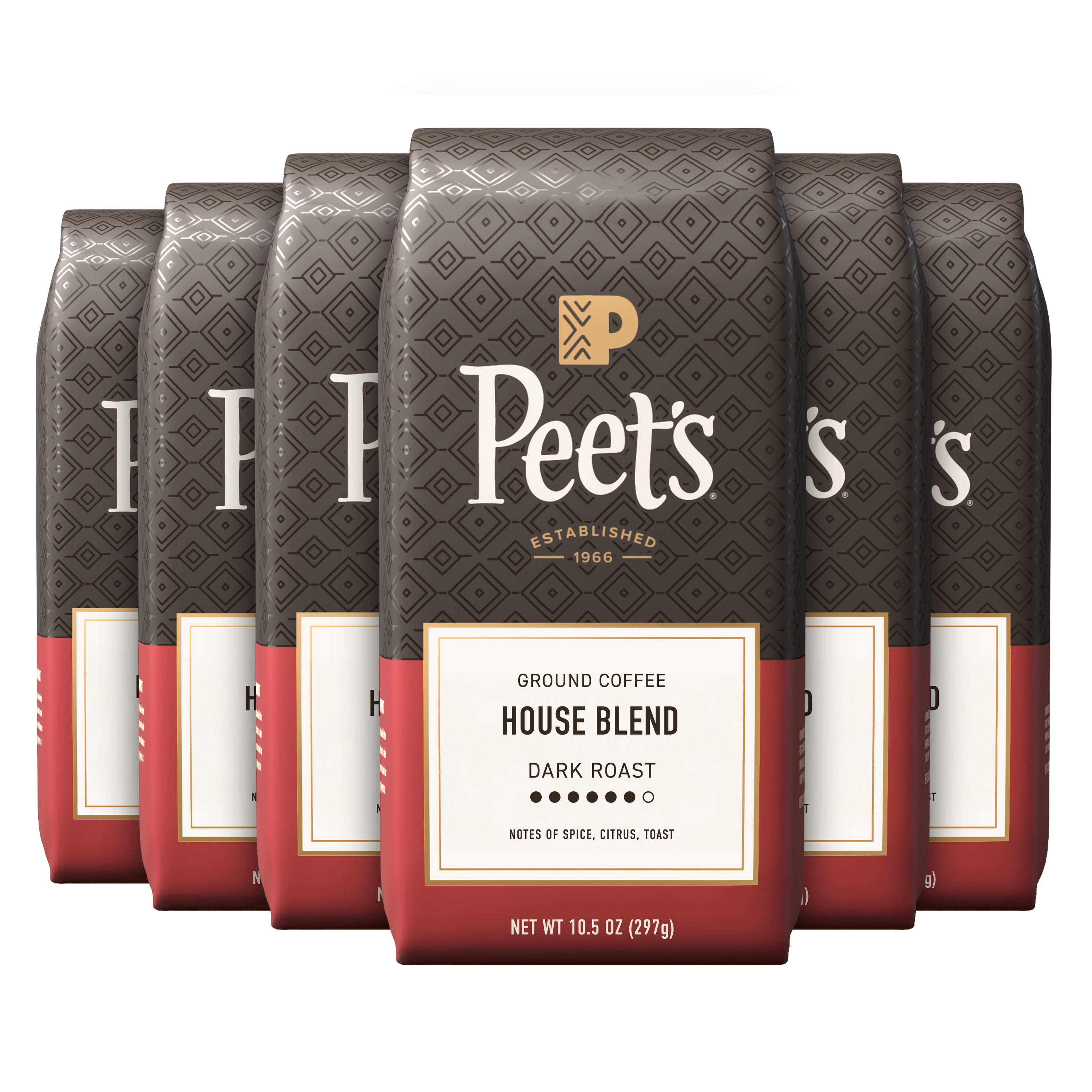 (6 pack) Peet's Coffee House Blend Premium Dark Roast Ground Coffee, Arabica, 10.5 oz