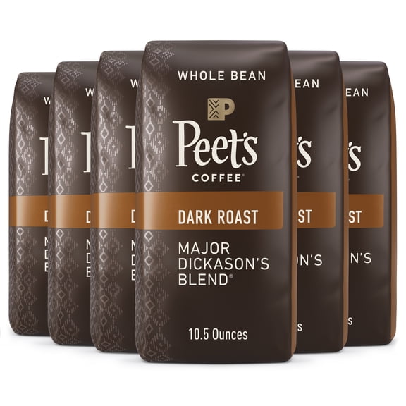 (6 pack) Peet's Coffee Major Dickason's Blend Premium Dark Roast Whole Coffee Beans, Arabica, 10.5 oz