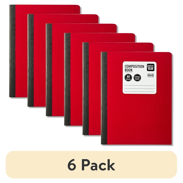 (6 pack) Pen+Gear College Rule Composition Book, 7.5" x 9.75", Red, 80 Sheets, New