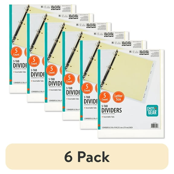 (6 pack) Pen+Gear Insertable Divider, 5-Tab, Paper, Buff Color Body, Clear Tabs, Handwrite, 1 Set (New)