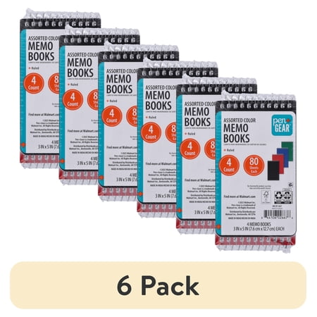(6 pack) Pen + Gear Spiral Bound Ruled Paper Memo Book, 3 in x 5 in, 4 Pack, 80 Sheets Each, 0 Holes