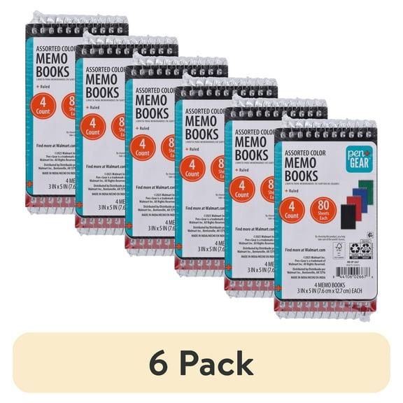 (6 pack) Pen + Gear Spiral Bound Ruled Paper Memo Book, 3 in x 5 in, 4 Pack, 80 Sheets Each, 0 Holes