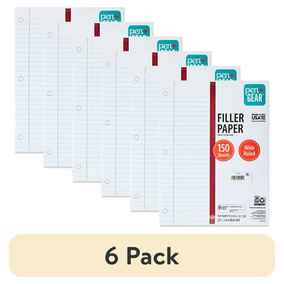 (6 pack) Pen+Gear Wide Ruled Filler Paper, 10.5" x 8", 150 Sheets (59150)