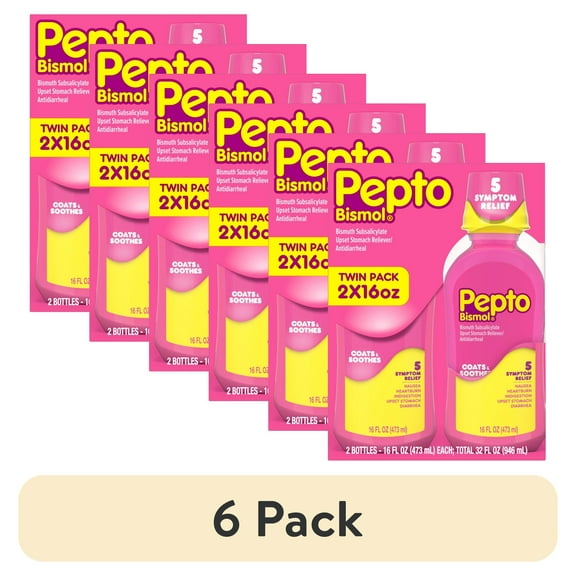 (6 pack) Pepto Bismol Liquid, Indigestion and Anti-Diarrhea Stomach Relief, Original, 2x16 Fl oz