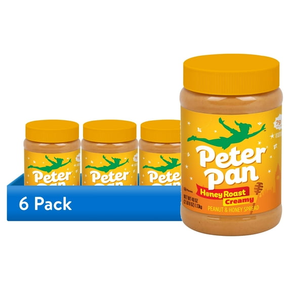 (6 pack) Peter Pan Creamy Honey Roasted Peanut Butter, Smooth, Gluten-Free, 40 oz Jar