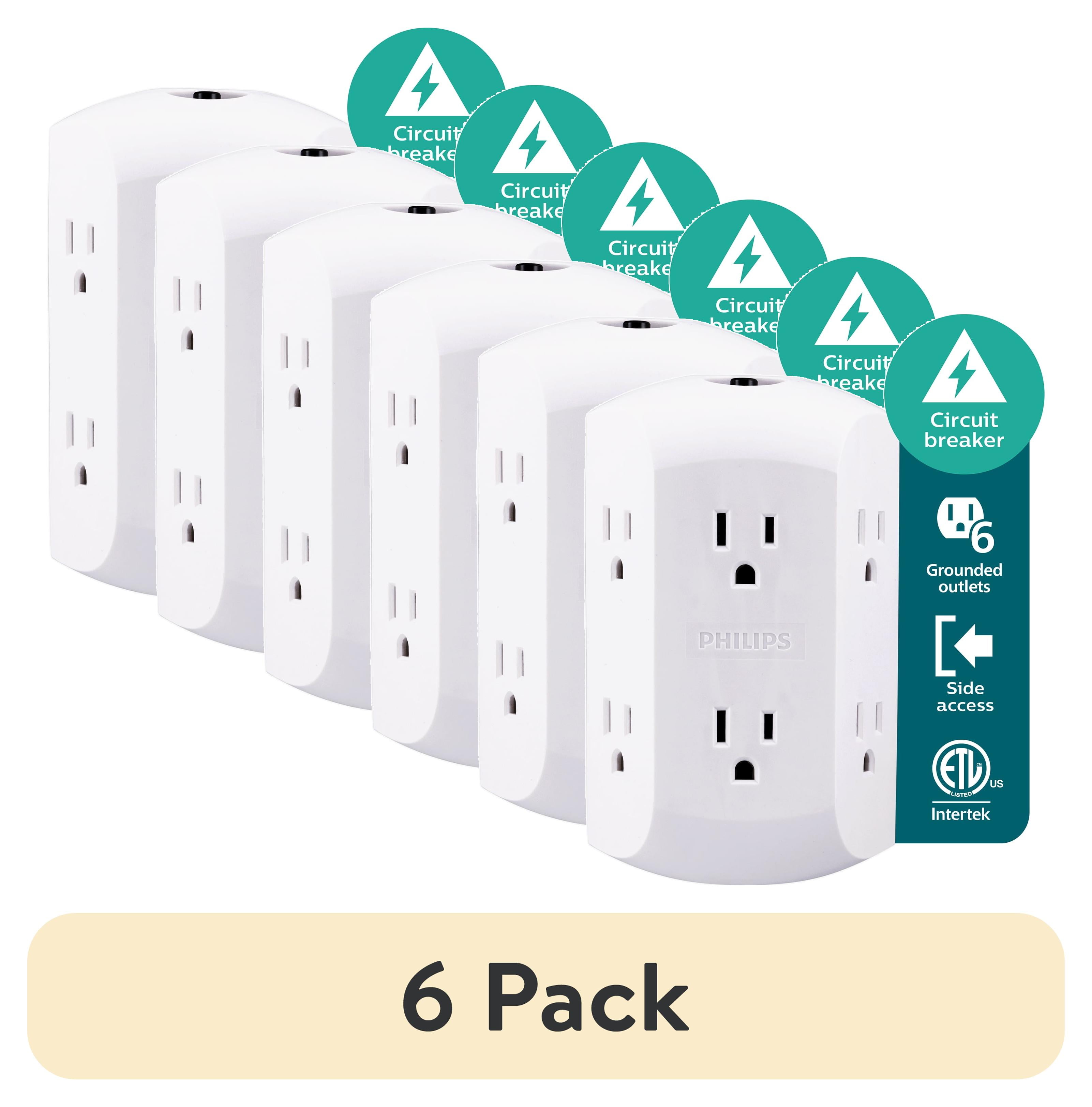 6 pack) Philips 6 Outlet Grounded Wall Tap, Resettable Circuit