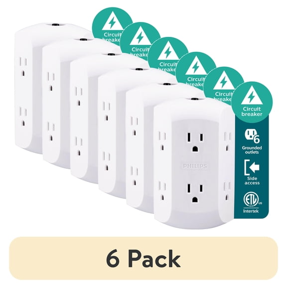 (6 pack) Philips 6 Outlet Grounded Wall Tap, Resettable Circuit Breaker, White, SPS1460WA/37