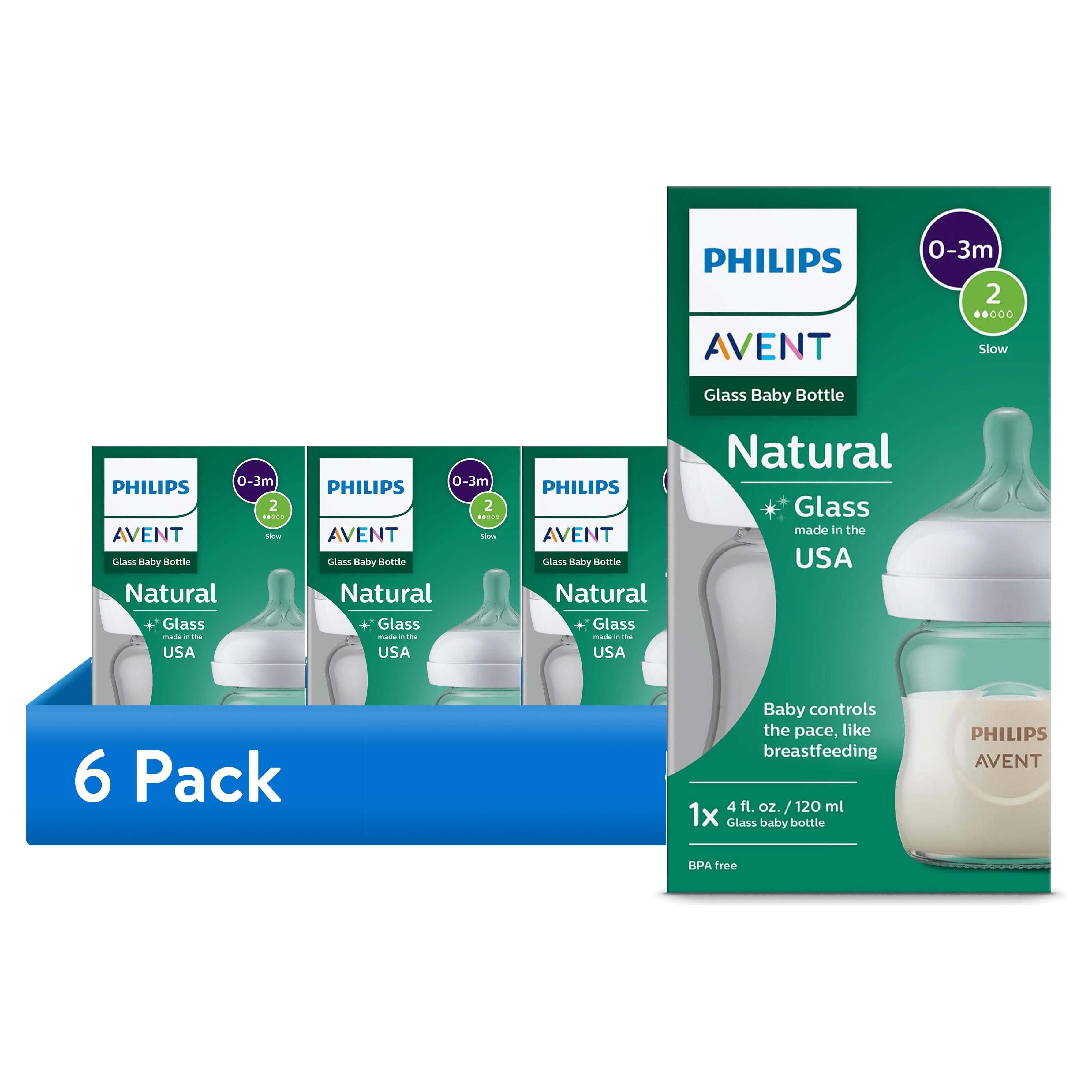 (6 pack) Philips Avent Natural Glass Baby Bottle with Natural Response Nipple (Slow Flow, Flow 2), 4oz, SCY910/01