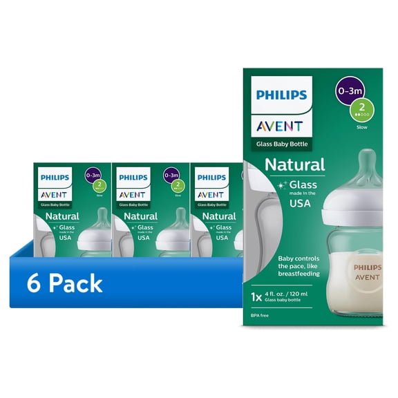 (6 pack) Philips Avent Natural Glass Baby Bottle with Natural Response Nipple (Slow Flow, Flow 2), 4oz, SCY910/01