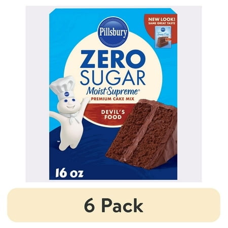 (6 pack) Pillsbury Zero Sugar Moist Supreme Devil's Food Premium Cake Mix, 16 oz Box