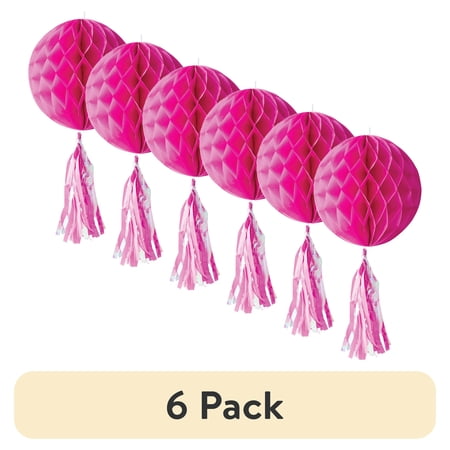 (6 pack) Pink Honeycomb Ball Hanging Decoration with Fringe Tassel 10" x 9" by Way to Celebrate