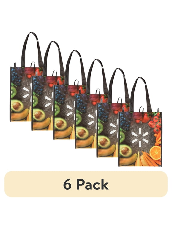 (6 pack) Walmart Reusable Shopping Bag, Foldable Grocery Tote Bag, Black