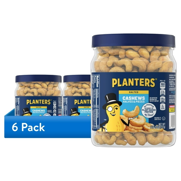 (6 pack) PLANTERS Salted Cashew Halves and Pieces, Party Snacks, Plant-Based Protein, 26 oz Canister