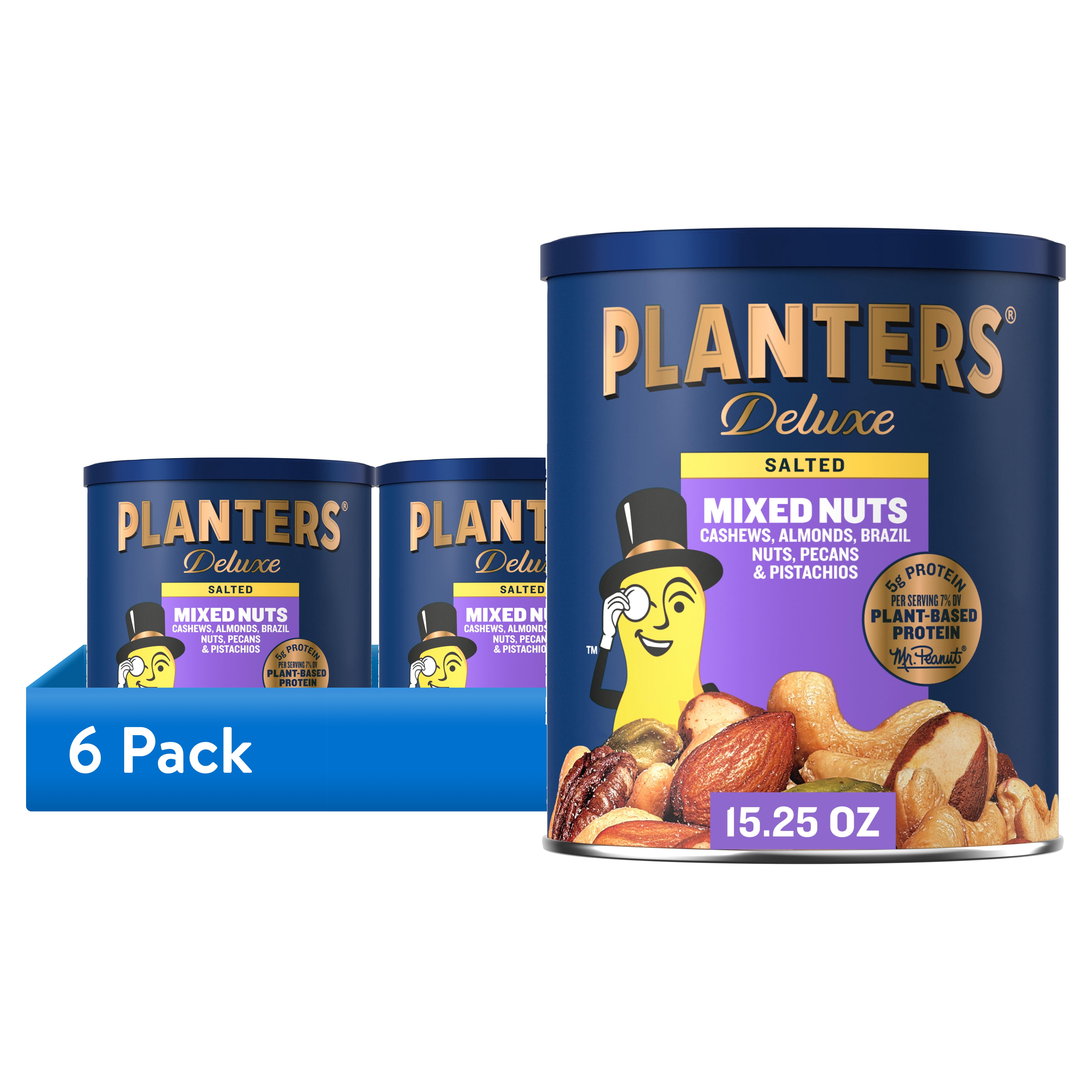 (6 pack) Planters Deluxe Mixed Nuts, Plant Based Protein, 15.25 oz Canister