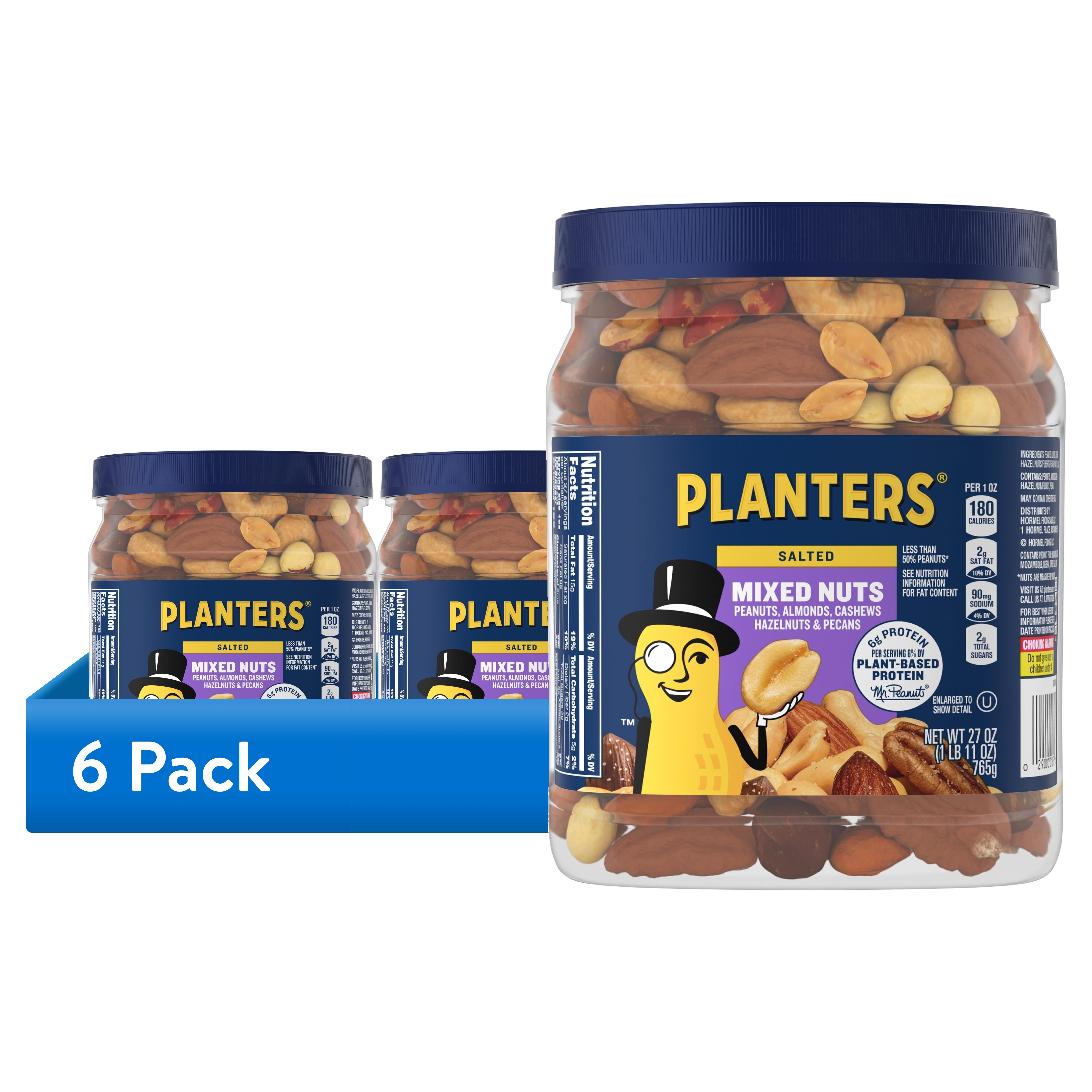 (6 pack) PLANTERS Salted Mixed Nuts, Party Snacks, Plant-Based Protein, 27 oz Canister