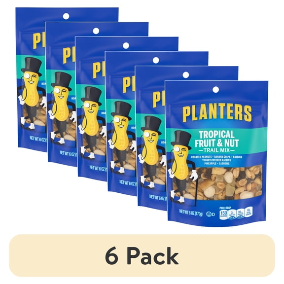 (6 pack) Planters Tropical Fruit & Nut Trail Mix with Roasted Peanuts, Banana Chips, Raisins, Yogurt Raisins, Pineapple & Cashews, 6 oz Bag