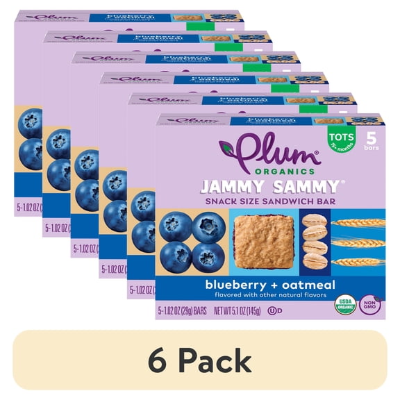 (6 pack) Plum Organics Jammy Sammy Snack Size Sandwich Bar Blueberry + Oatmeal 5-Count Box/1.02oz Bars