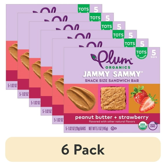(6 pack) Plum Organics Jammy Sammy Snack Bars, Peanut Butter and Strawberry, 1.02 oz Bars, 5 Count