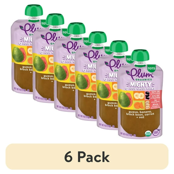 (6 pack) Plum Organics Mighty 4 Food Group Blend Guava, Banana, Black Bean, Carrot and Oat 4oz Pouch