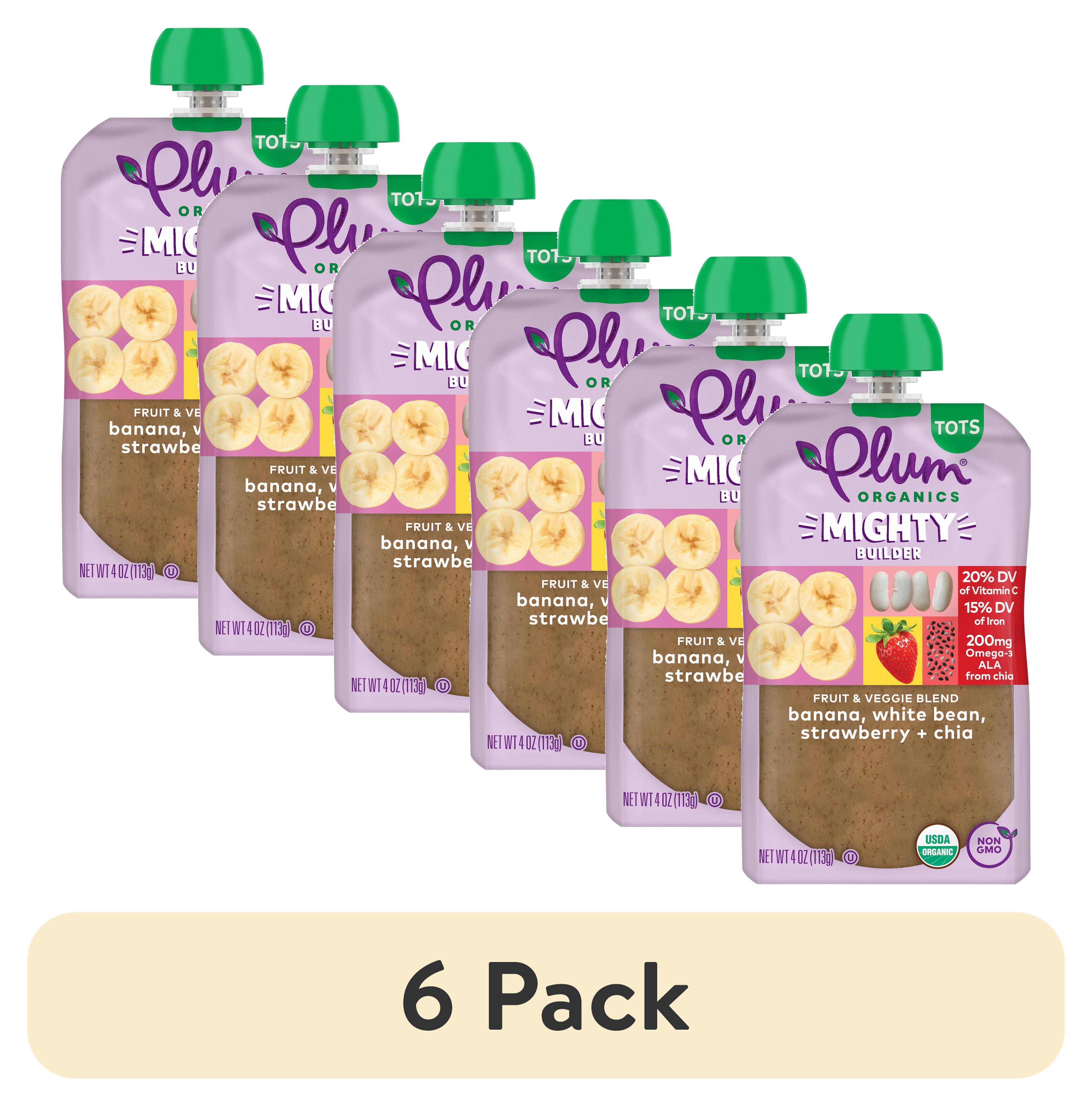 (6 pack) Plum Organics® Tots Mighty Builder Fruit & Veggie Blend Banana, White Bean, Strawberry + Chia 4oz Pouch