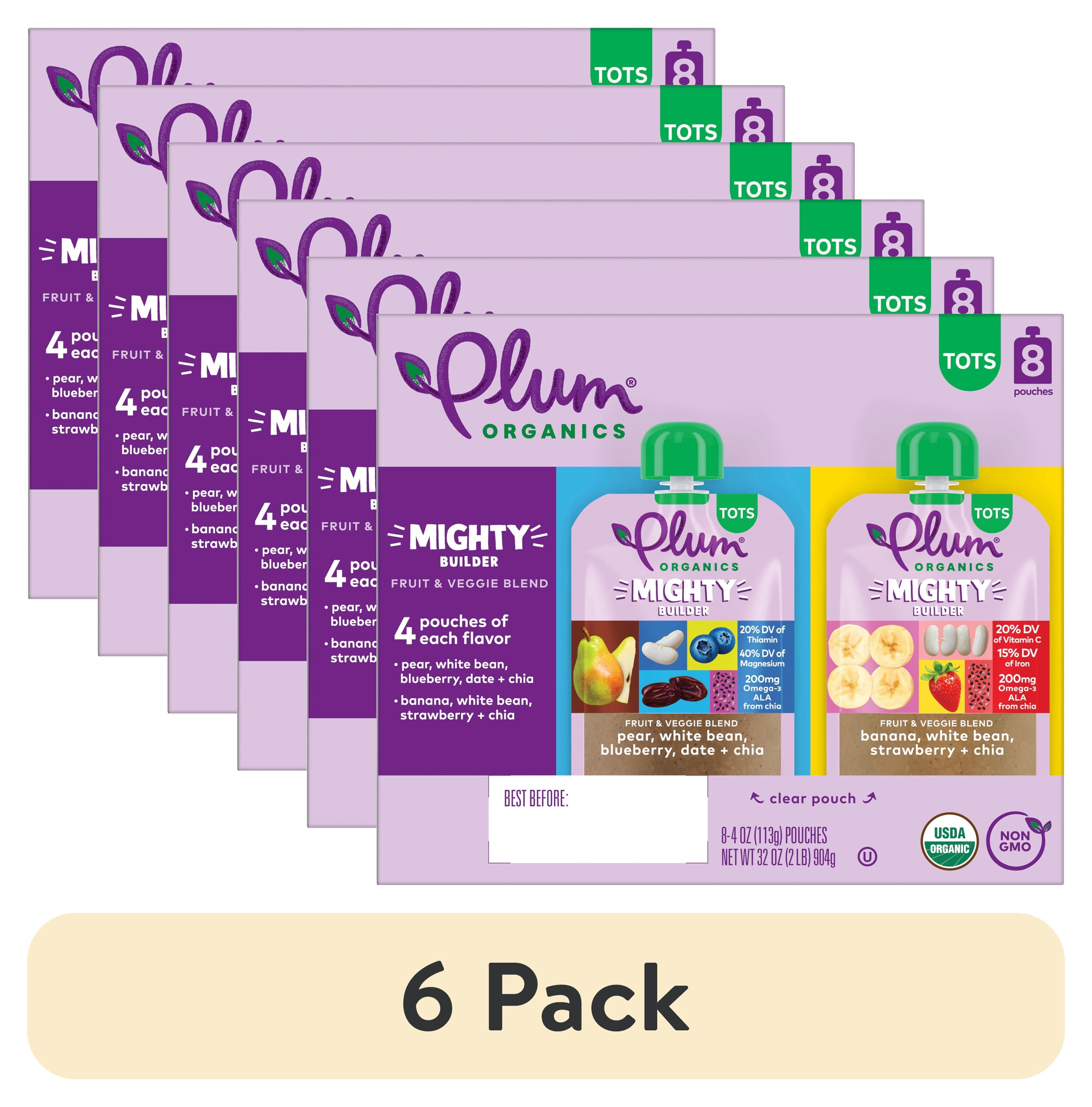 (6 pack) Plum Organics® Tots Mighty Builder Fruit & Veggie Blend Pear, White Bean, Blueberry, Date + Chia & Banana, White Bean, Strawberry + Chia 4oz Pouch-8-pack