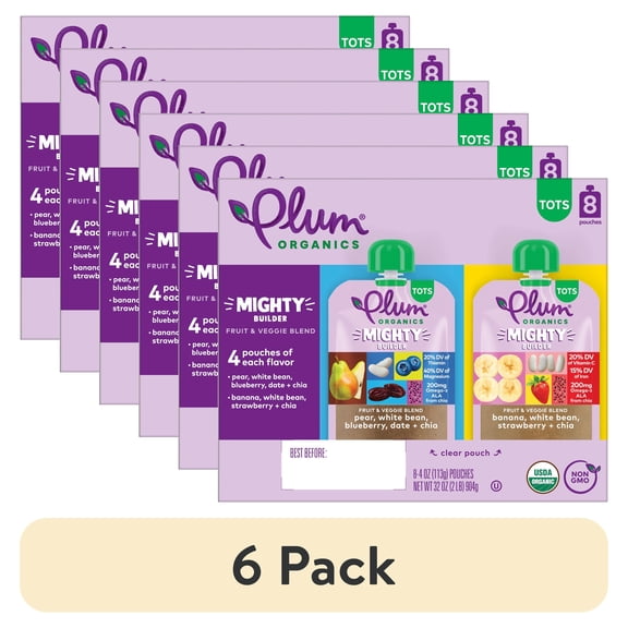(6 pack) Plum OrganicsĀ® Tots Mighty Builder Fruit & Veggie Blend Pear, White Bean, Blueberry, Date + Chia & Banana, White Bean, Strawberry + Chia 4oz Pouch-8-pack