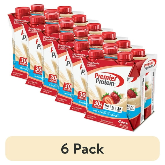 (6 pack) Premier Protein Shake, Strawberries & Cream, 30g Protein, 11 fl oz, 4 Ct