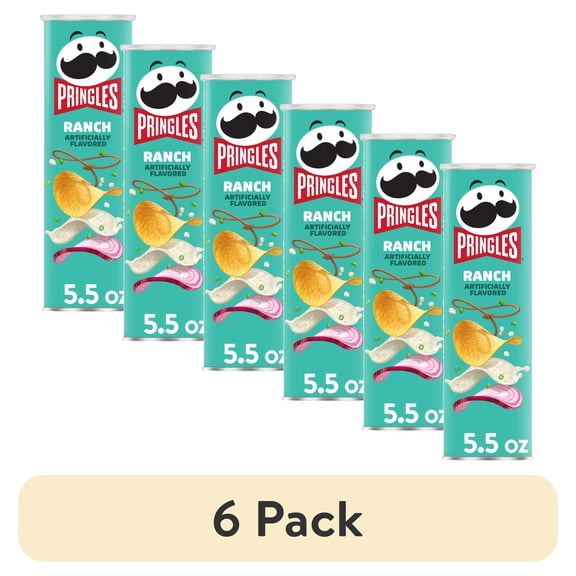 (6 pack) Pringles Ranch Potato Crisps Chips, Lunch Snacks, 5.5 oz Canister