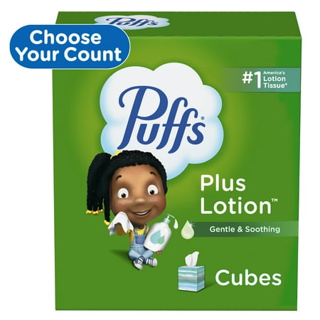 (6 pack) Puffs Plus Lotion Facial Tissue, 4 Mega Cube Boxes, White. 72 Tissues per Box