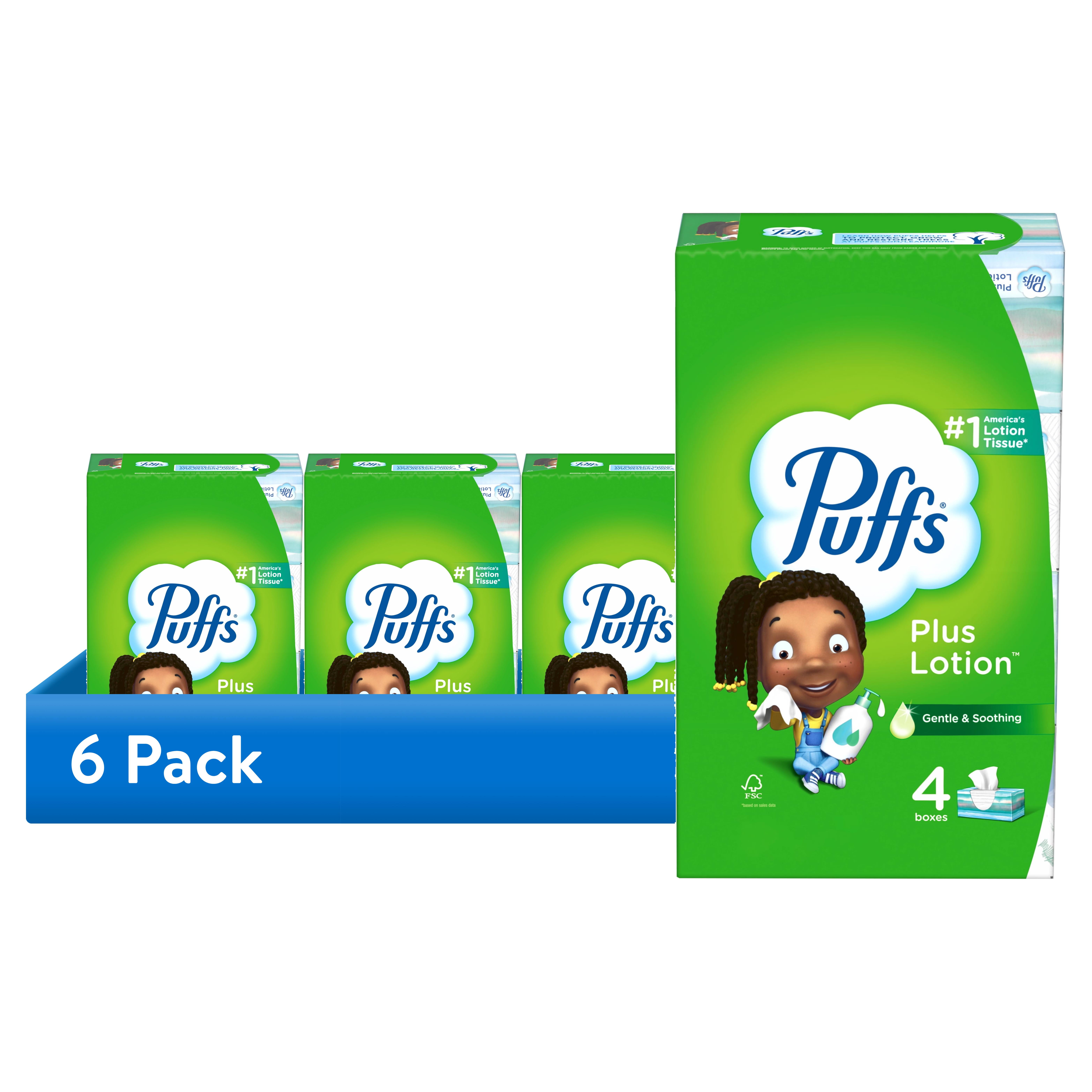 6 pack) Puffs Plus Lotion Facial Tissues, 4 Family Boxes, 124
